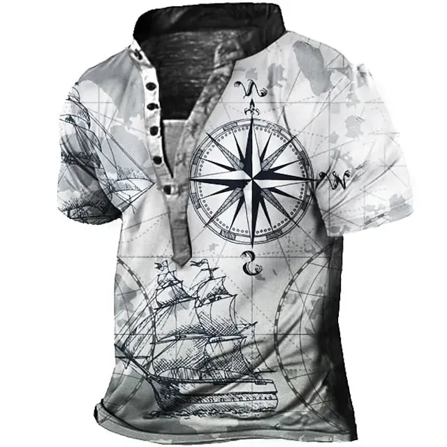 3D Print Sailboat Men's Graphic Tee - Summer Style Short Sleeve Button-Down Shirt