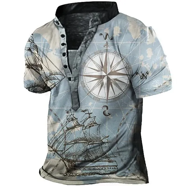 3D Print Sailboat Men's Graphic Tee - Summer Style Short Sleeve Button-Down Shirt