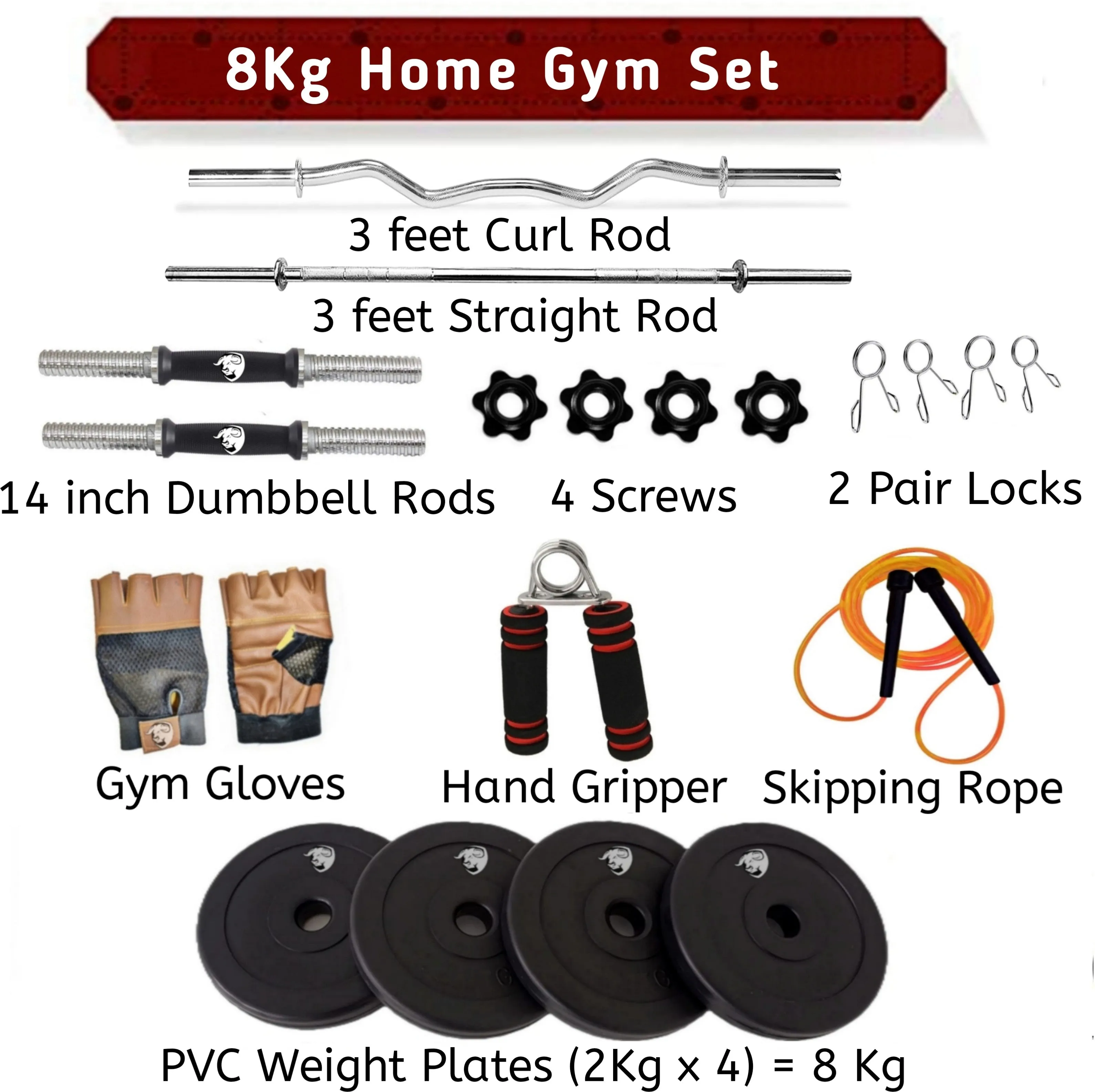 8 kg Home Gym Set with 3Ft Curl 3Ft Straight Rod | Pair Dumbbell Rod PVC Dumbbell Plates