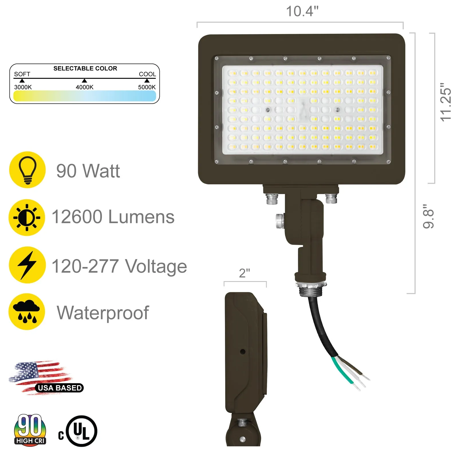 90W Bronze Flood Light LED Outdoor Security Lights - Waterproof - 3CCT 3000K-5000K - 12600LM - Knuckle Mount