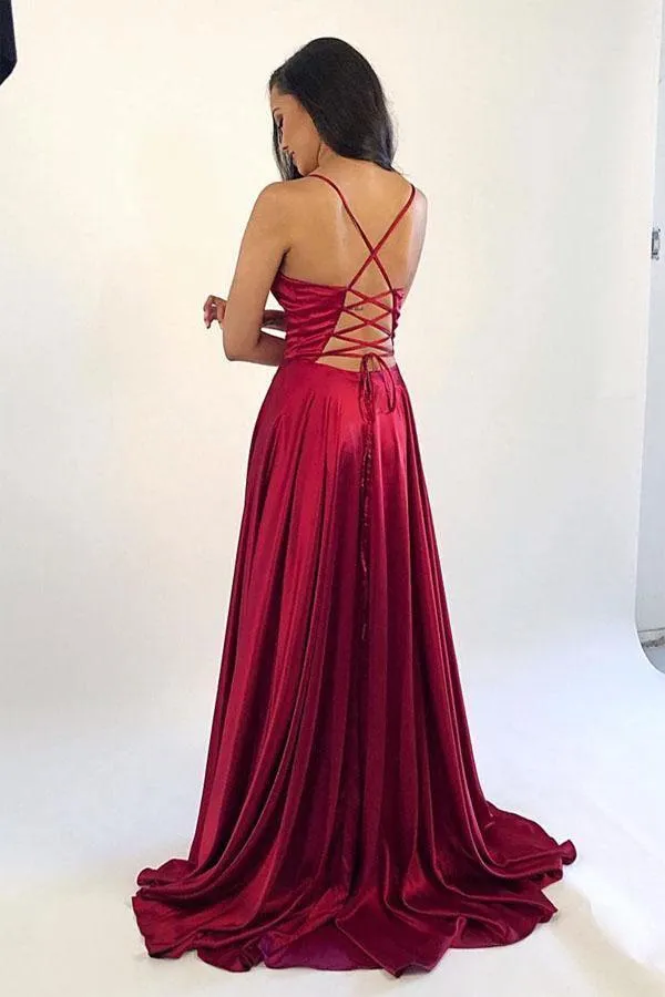 A-line Burgundy Satin Simple Prom Dresses Formal Dress With Split PM227