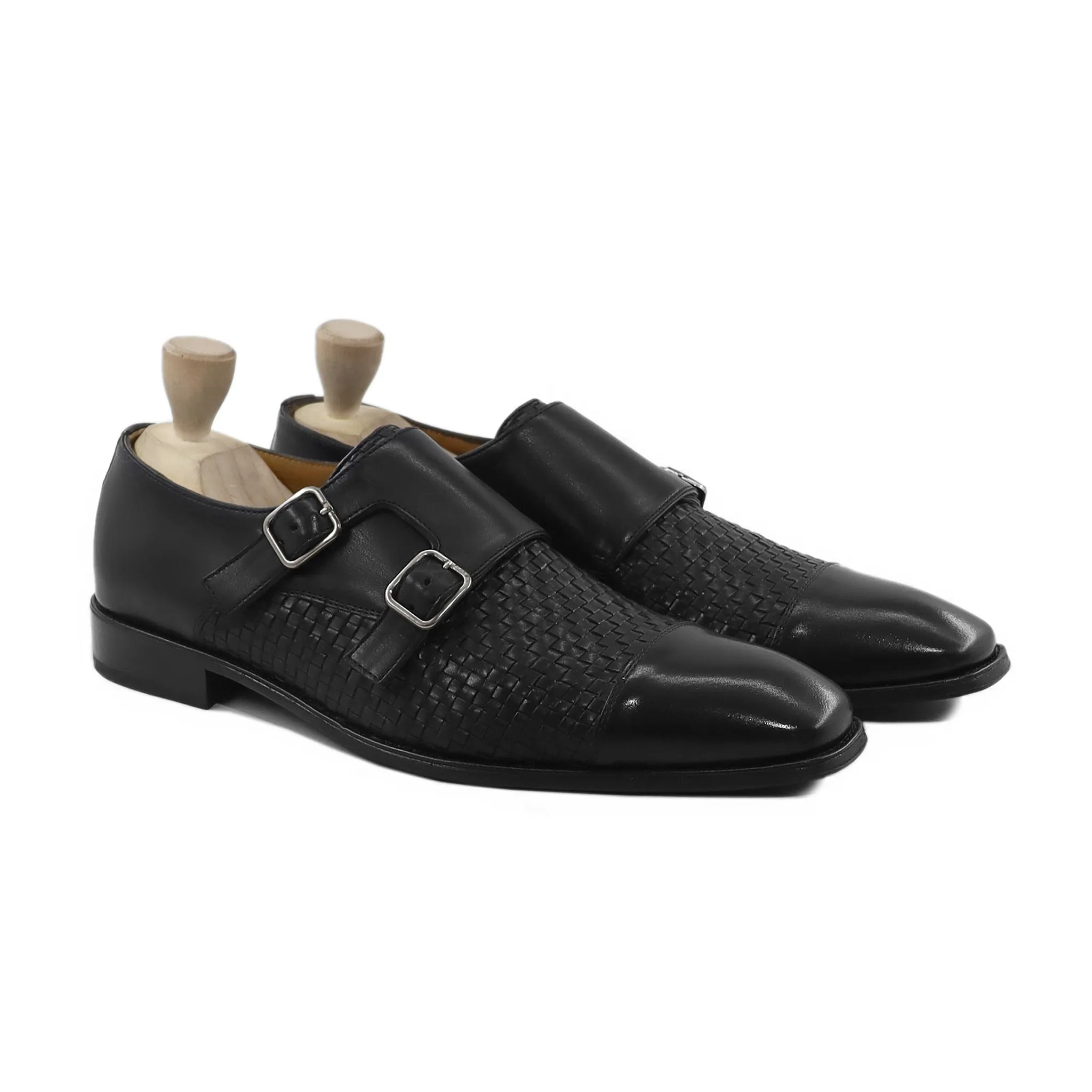 Alingsas - Men's Black Hand Woven Calf Leather Double Monkstrap