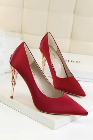 Burgundy Satin Stiletto Heel Closed Toe Pumps With Rhinestone shoes