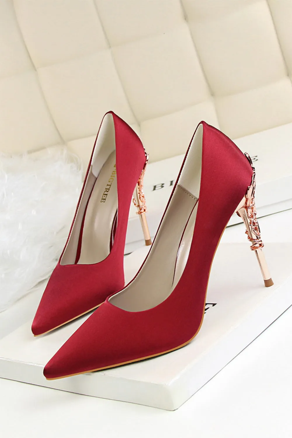 Burgundy Satin Stiletto Heel Closed Toe Pumps With Rhinestone shoes