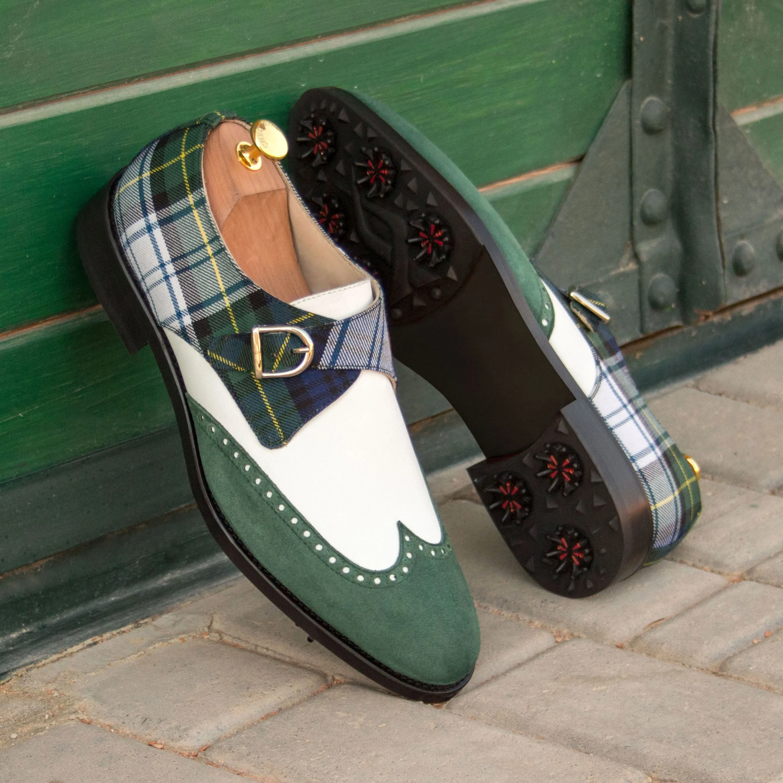 Calf Leather, Tartan, & Suede Single Monk Golf Shoes