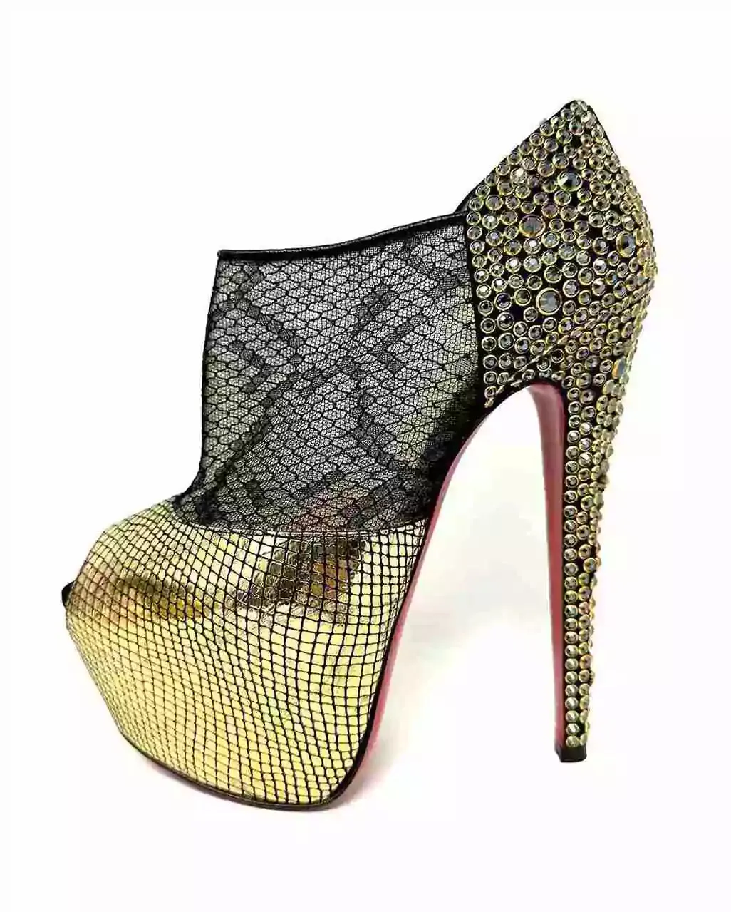 Christian Louboutin Aeronotoc 160 Black/Gold Nappa Stamp/Lace KAA Ring Strass Booties 38.5