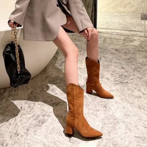 Chunky Heeled Pointed Toe Mid-calf Boots