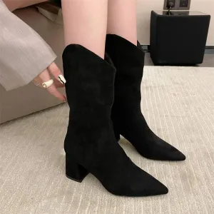 Chunky Heeled Pointed Toe Mid-calf Boots