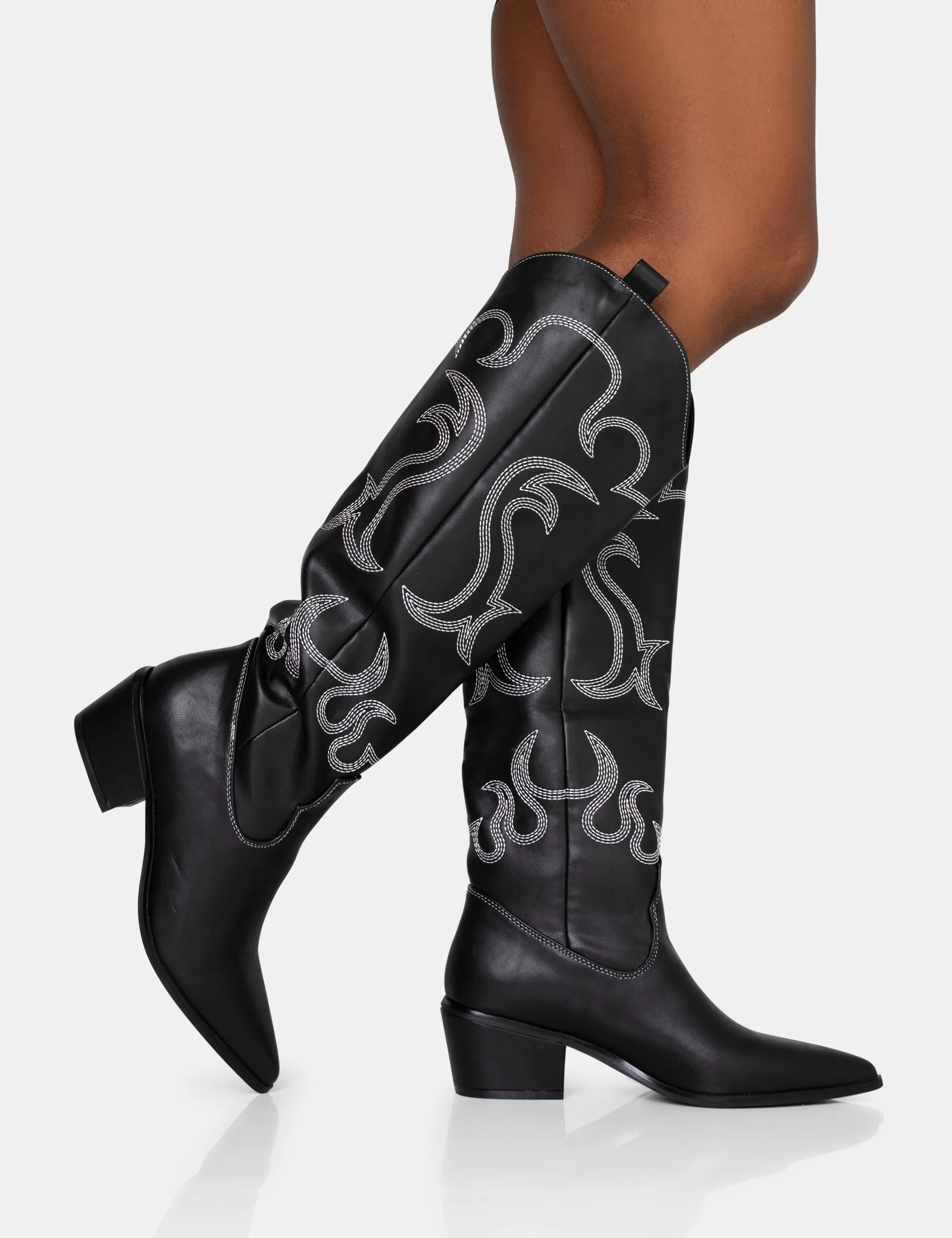 Cooper Black PU Western Embroidered Knee High Cowboy Boot