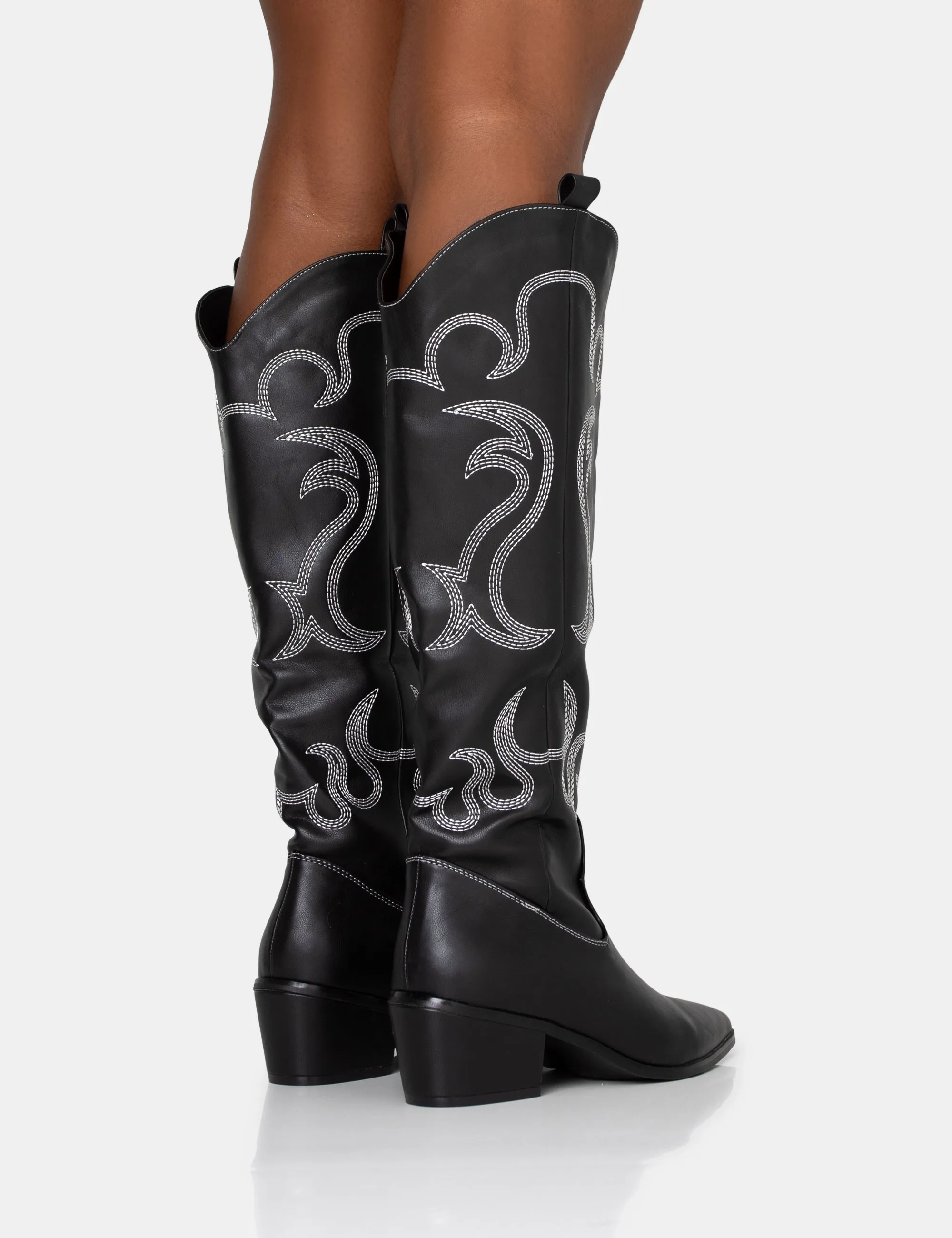 Cooper Black PU Western Embroidered Knee High Cowboy Boot