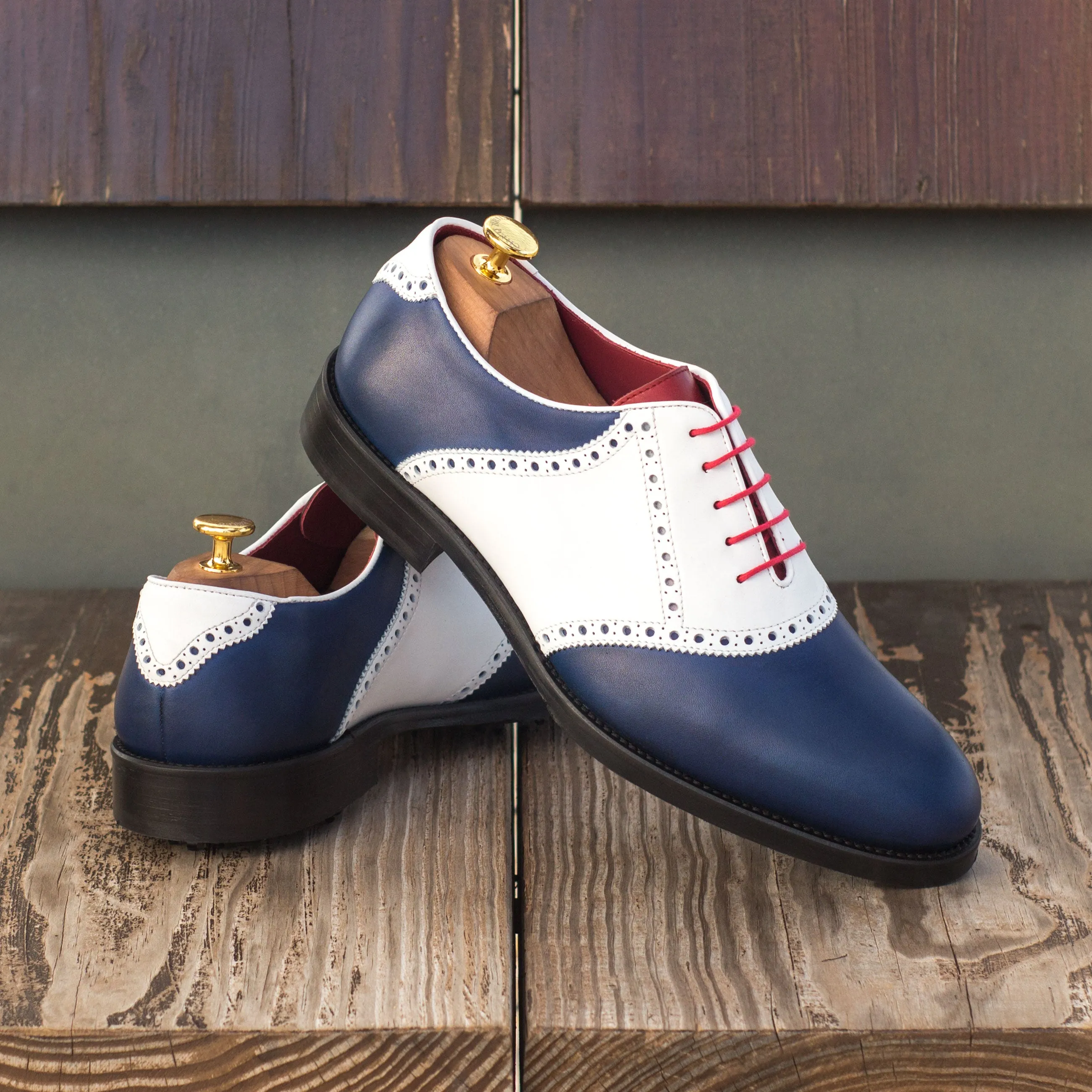 DapperFam Fabrizio Golf in White / Navy / Red Men's Italian Leather Saddle