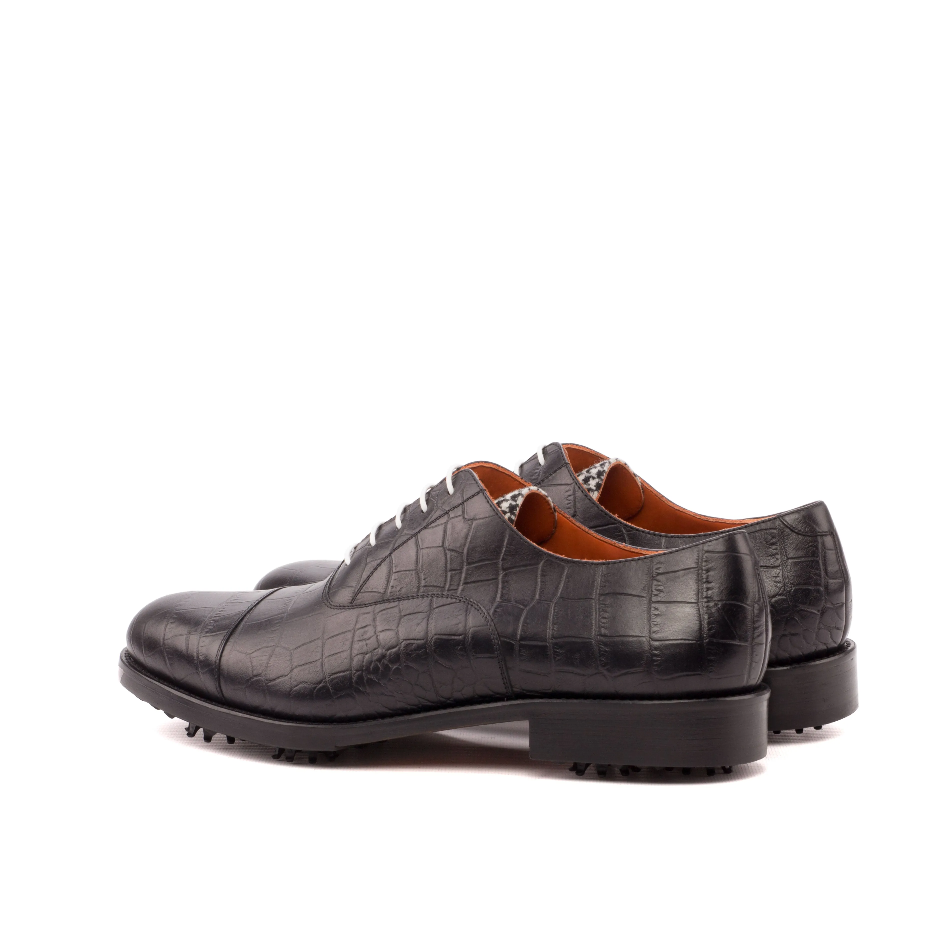 DapperFam Rafael Golf in Black / Houndstooth Men's Italian Croco Embossed Leather & Sartorial Oxford