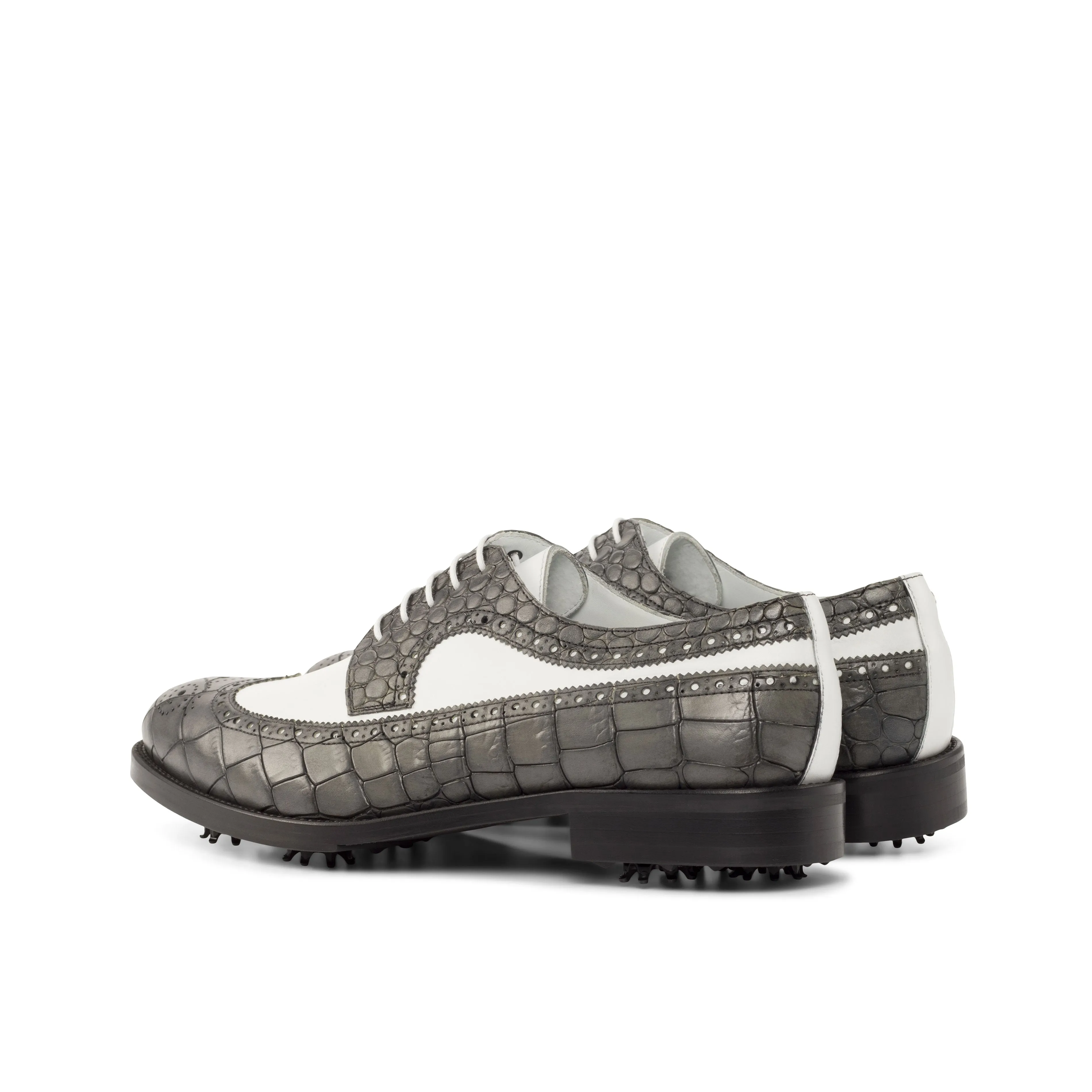 DapperFam Zephyr Golf in Grey / White Men's Italian Croco Embossed Leather Longwing Blucher