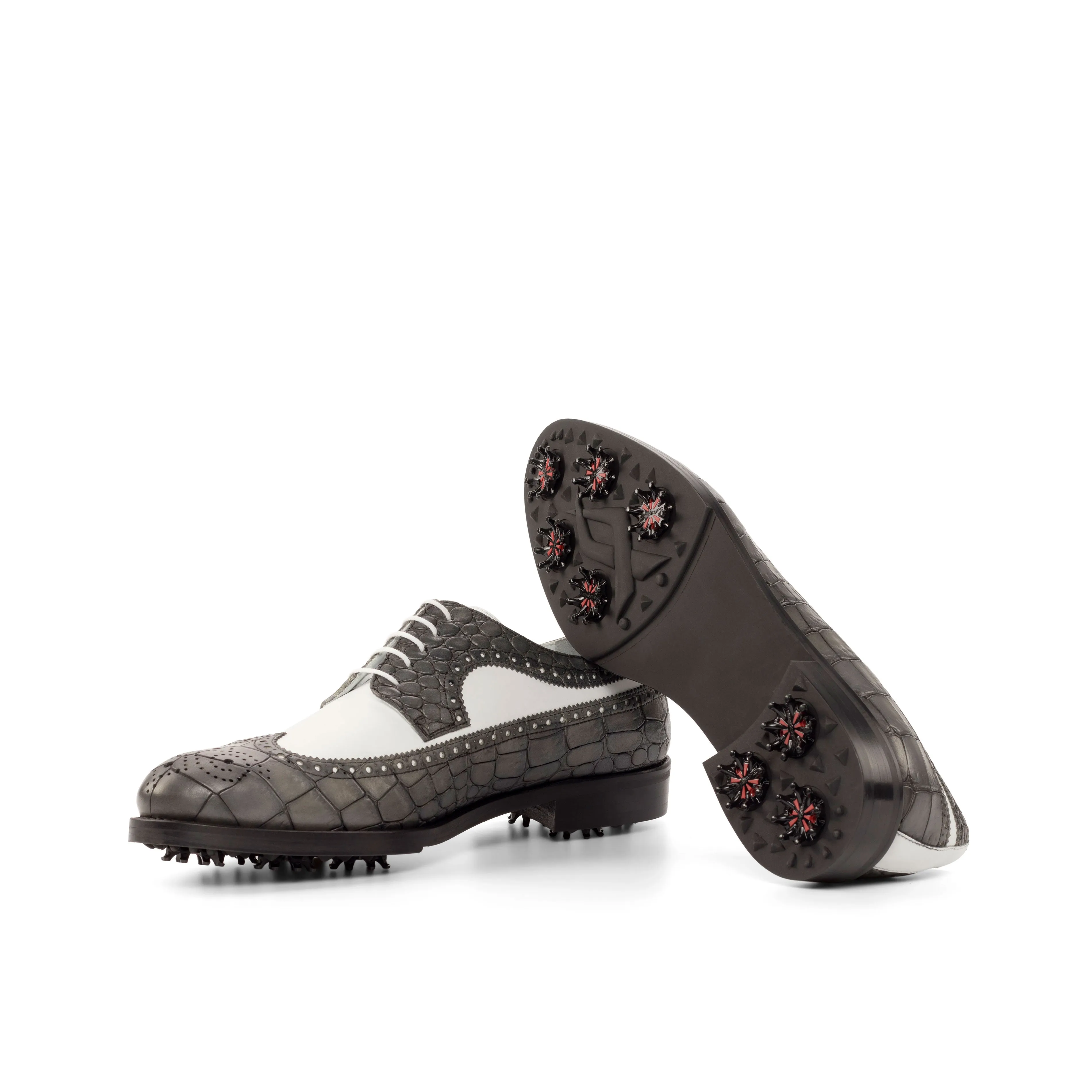 DapperFam Zephyr Golf in Grey / White Men's Italian Croco Embossed Leather Longwing Blucher