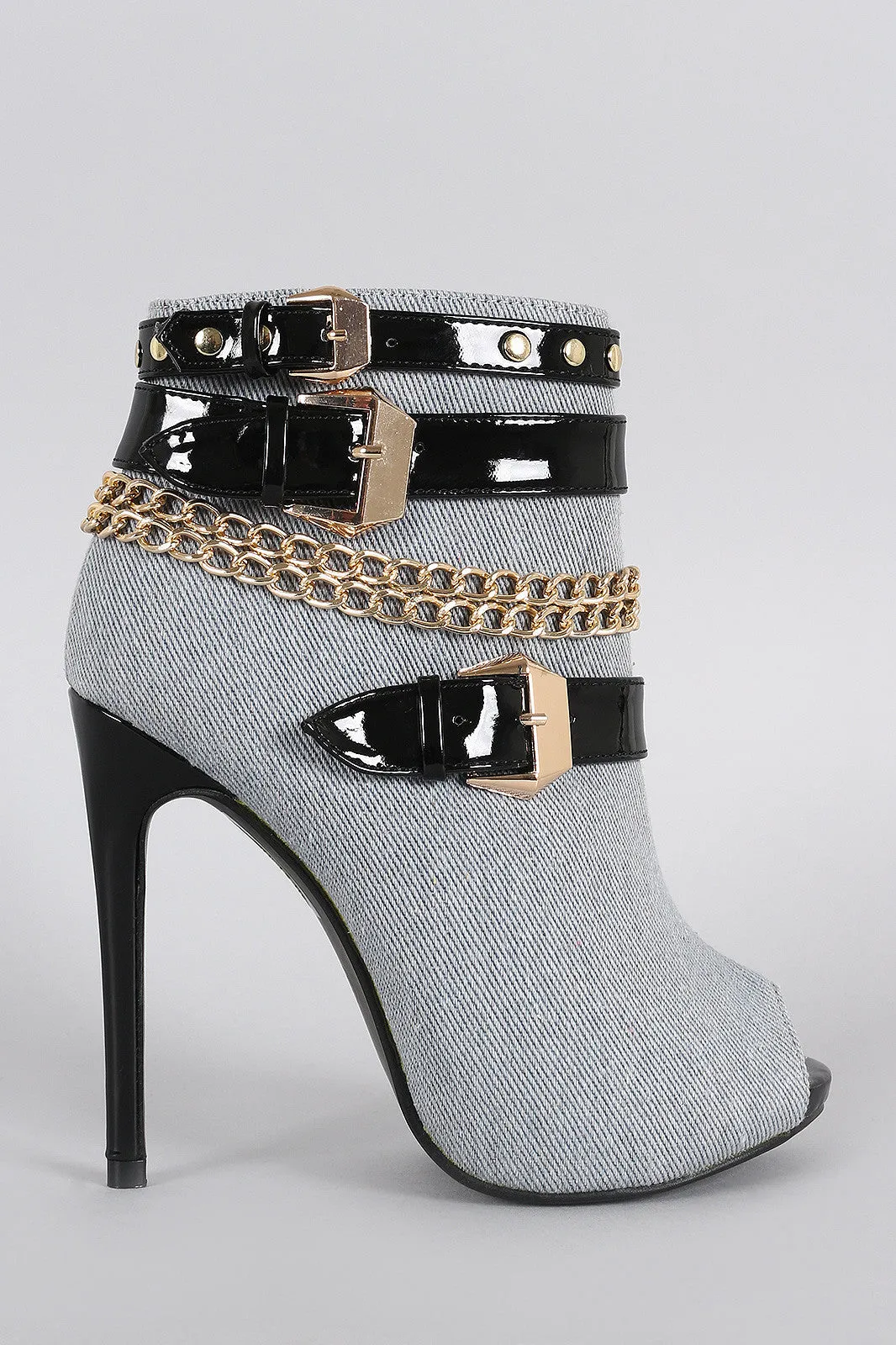 Denim Studded Buckled Peep Toe Stiletto Booties