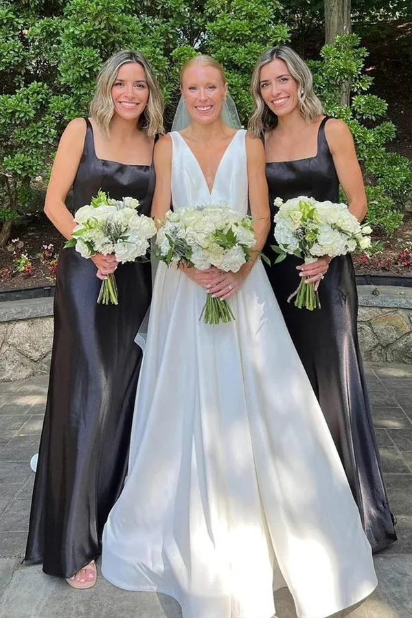 Elegant Square Neck Long Black Bridesmaid Dress BD128