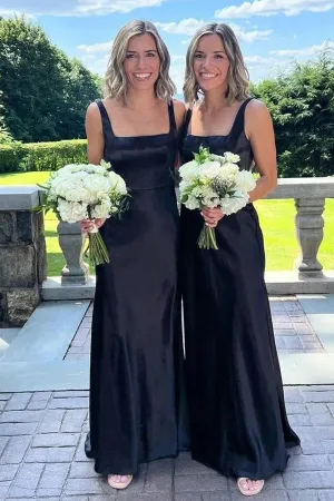 Elegant Square Neck Long Black Bridesmaid Dress BD128