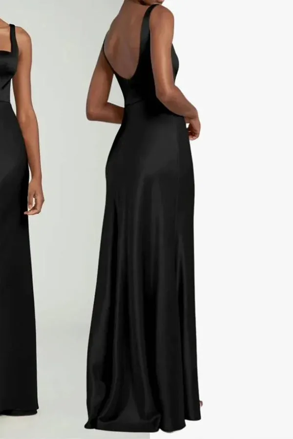 Elegant Square Neck Long Black Bridesmaid Dress BD128