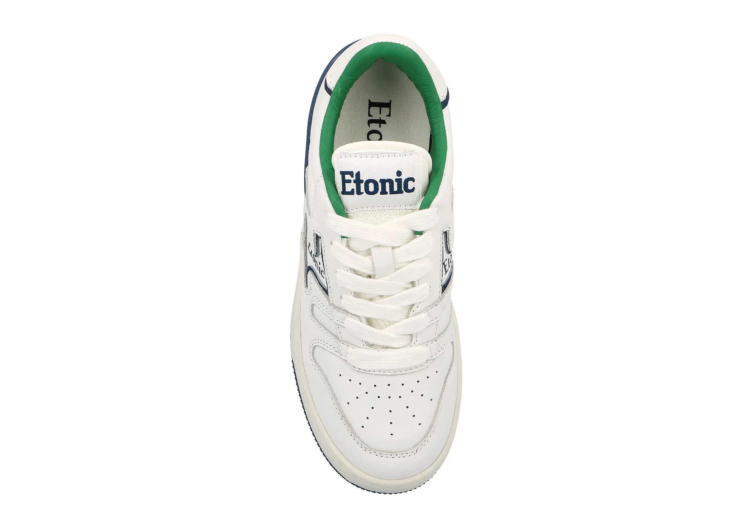 Etonic B481 sneakers in white leather with navy blue details, green lining and white midsole with navy blue bottom outsole.