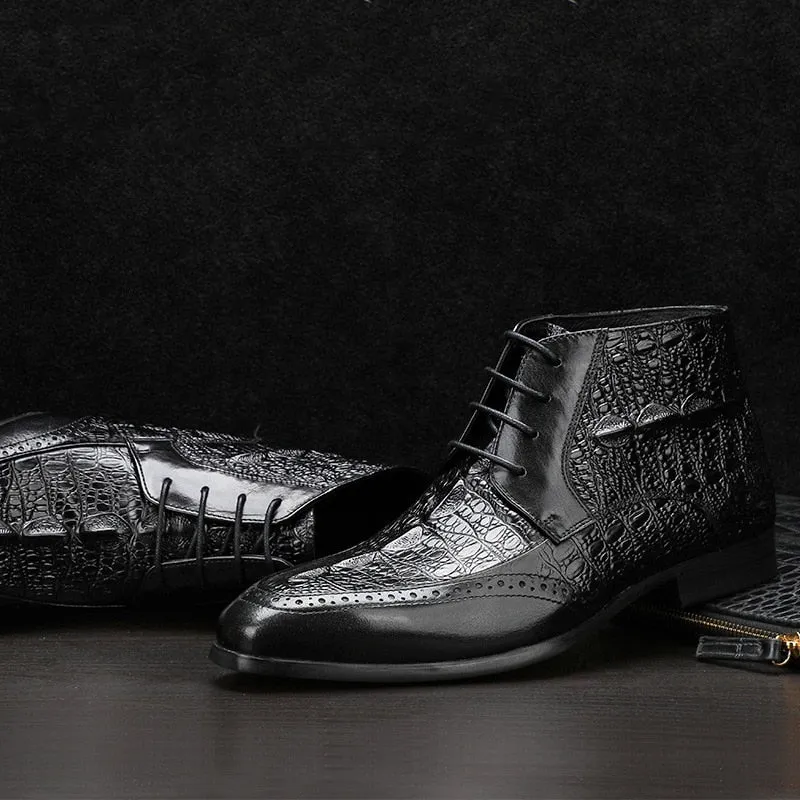 ExoticLuxe Croc Texture Ankle Lace-Up Brogue Boots