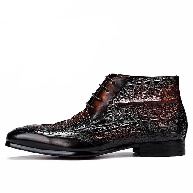 ExoticLuxe Croc Texture Ankle Lace-Up Brogue Boots