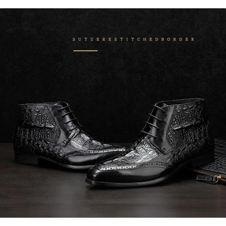 ExoticLuxe Croc Texture Ankle Lace-Up Brogue Boots