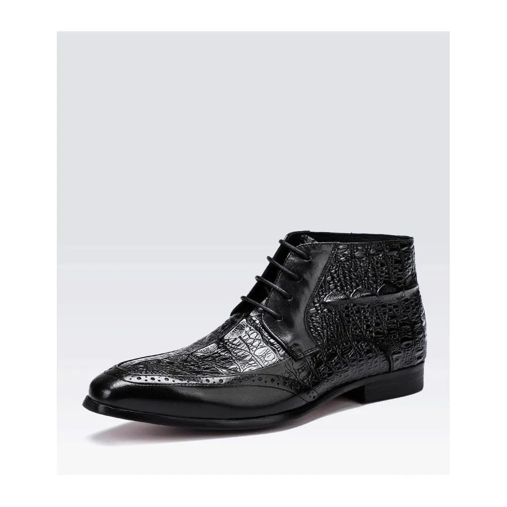 ExoticLuxe Croc Texture Ankle Lace-Up Brogue Boots