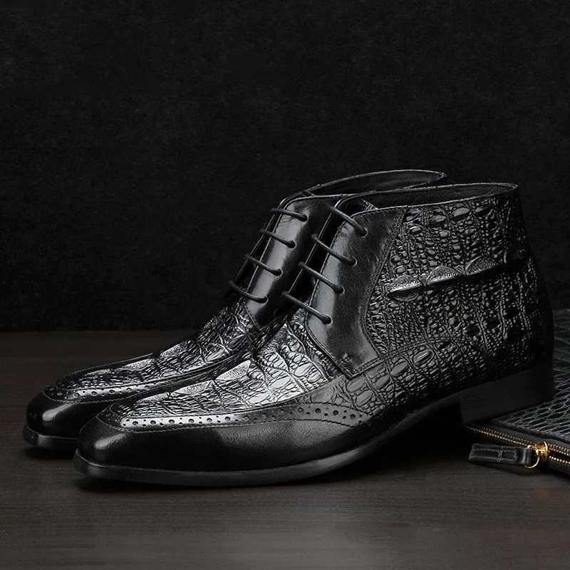 ExoticLuxe Croc Texture Ankle Lace-Up Brogue Boots