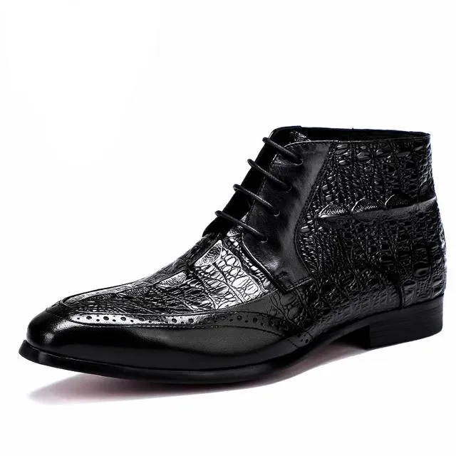 ExoticLuxe Croc Texture Ankle Lace-Up Brogue Boots