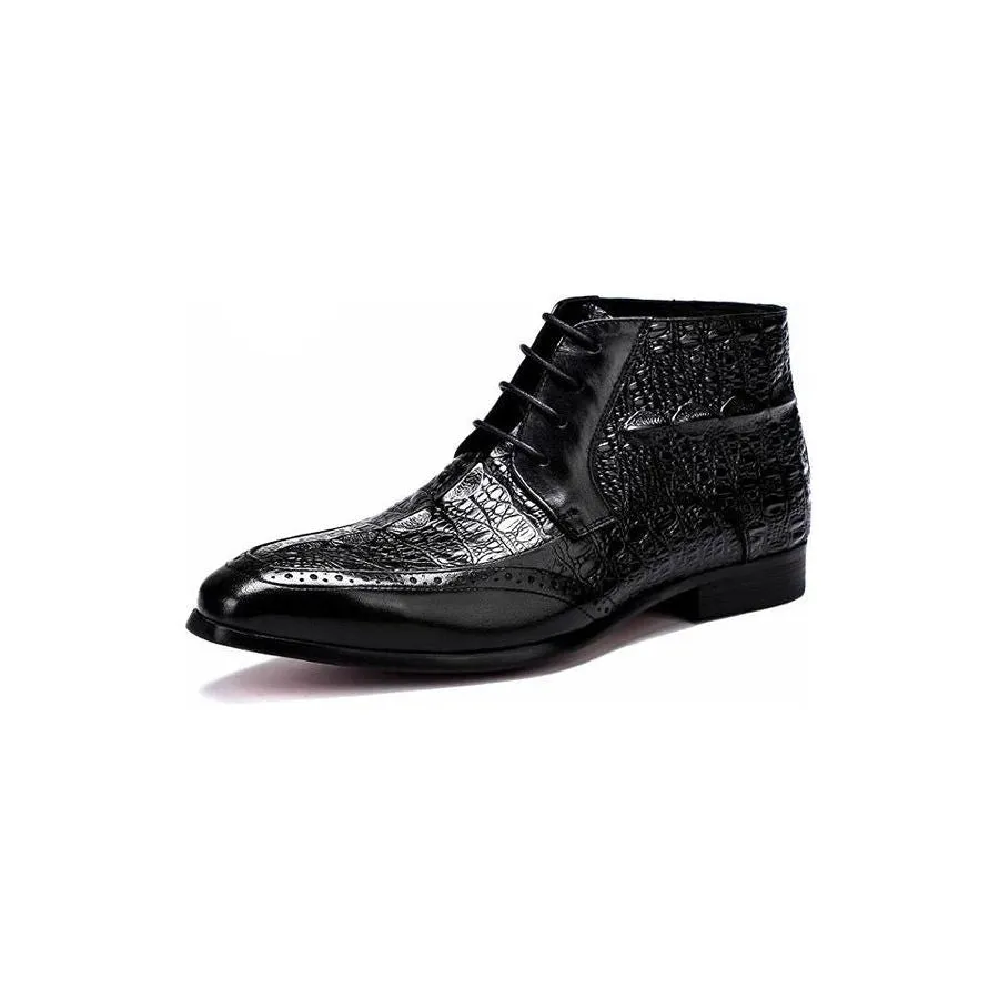 ExoticLuxe Croc Texture Ankle Lace-Up Brogue Boots