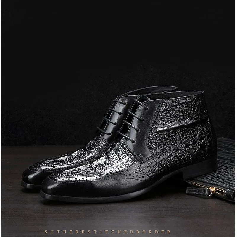 ExoticLuxe Croc Texture Ankle Lace-Up Brogue Boots