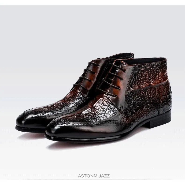 ExoticLuxe Croc Texture Ankle Lace-Up Brogue Boots