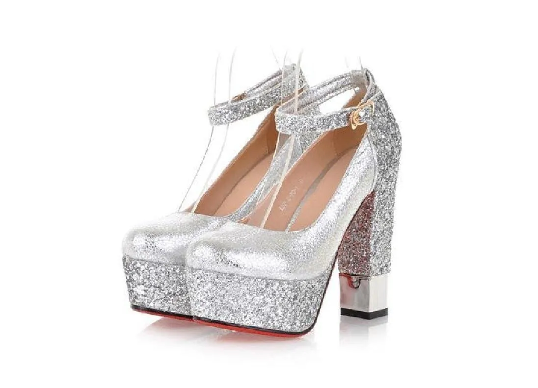 Fashion High Heels Round Pointed Toe Sequin Wedding Bridal Shoes, SY0106