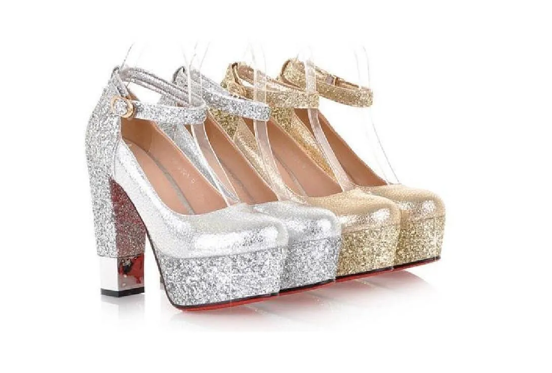 Fashion High Heels Round Pointed Toe Sequin Wedding Bridal Shoes, SY0106