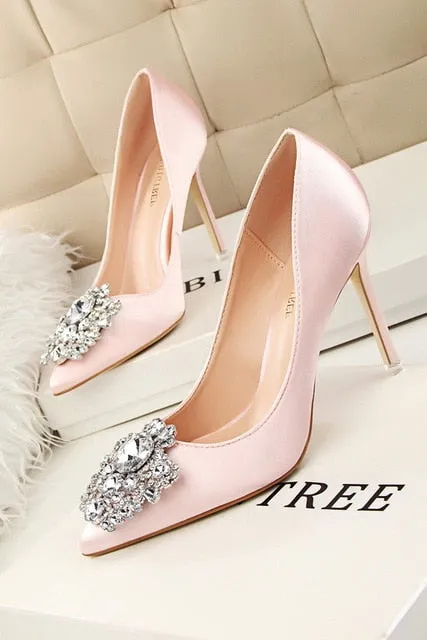 Faux Silk Satin Stiletto Rhinestone Crystal Ladies High Heel Pumps