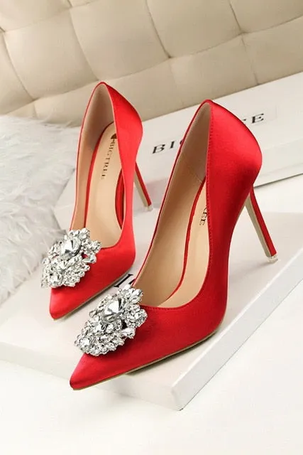 Faux Silk Satin Stiletto Rhinestone Crystal Ladies High Heel Pumps