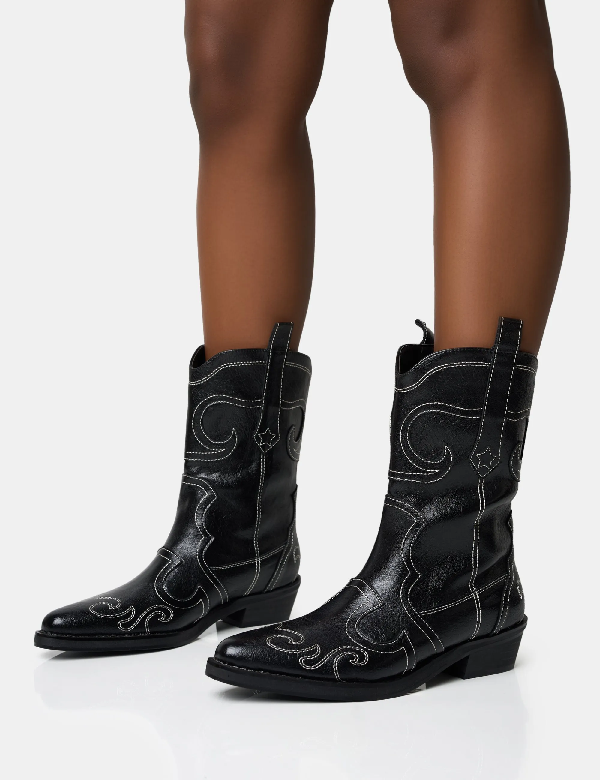 Folklore Black Embroidered Flat Western Ankle Boots