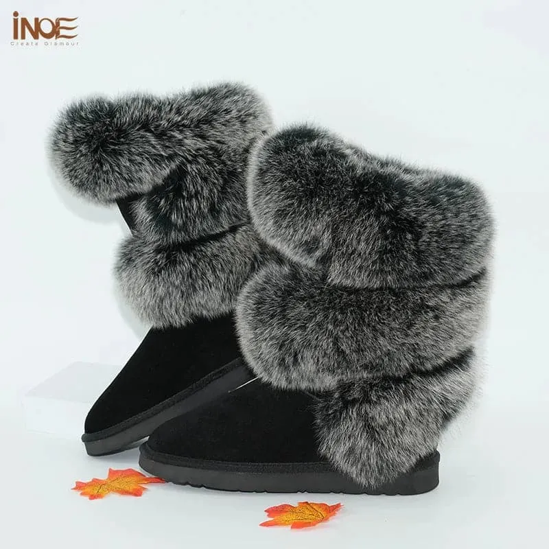 Fox Fur Sheepskin Snow Boots - Genuine Fur, Knee-High, Flat-Heeled Design