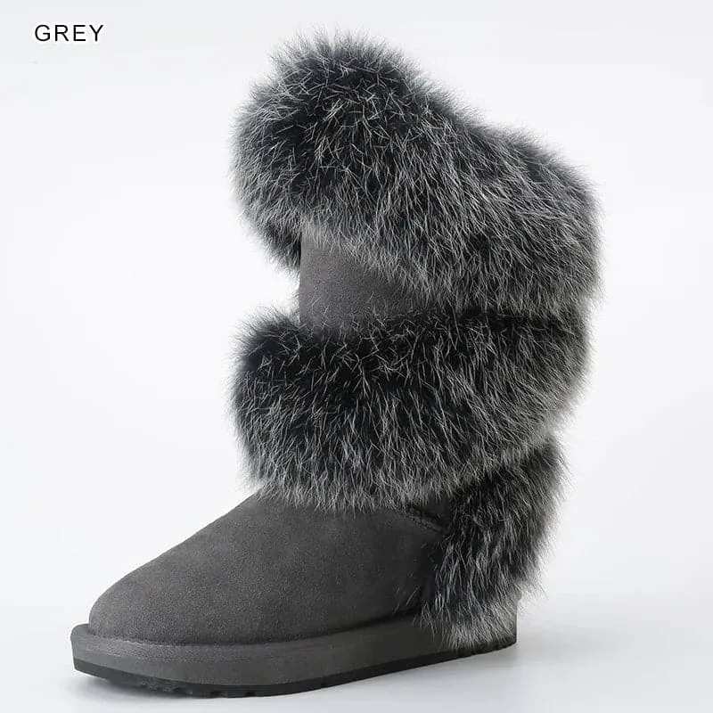 Fox Fur Sheepskin Snow Boots - Genuine Fur, Knee-High, Flat-Heeled Design