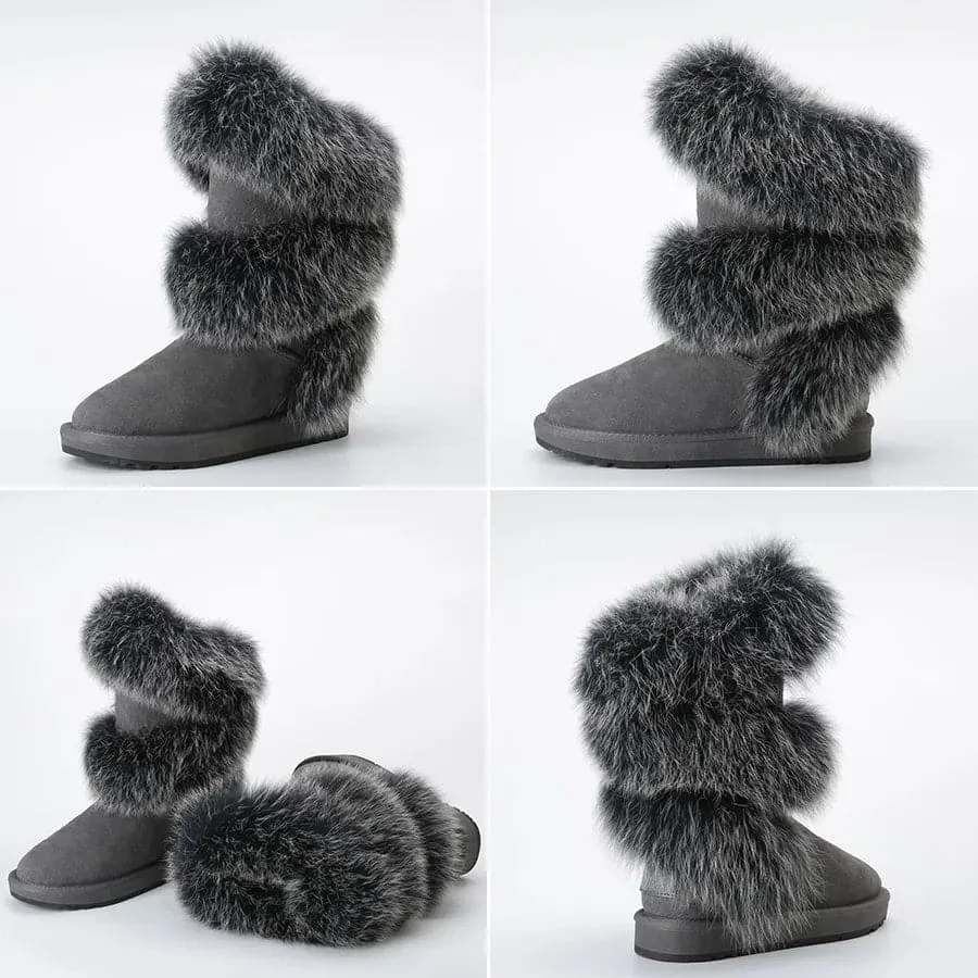 Fox Fur Sheepskin Snow Boots - Genuine Fur, Knee-High, Flat-Heeled Design