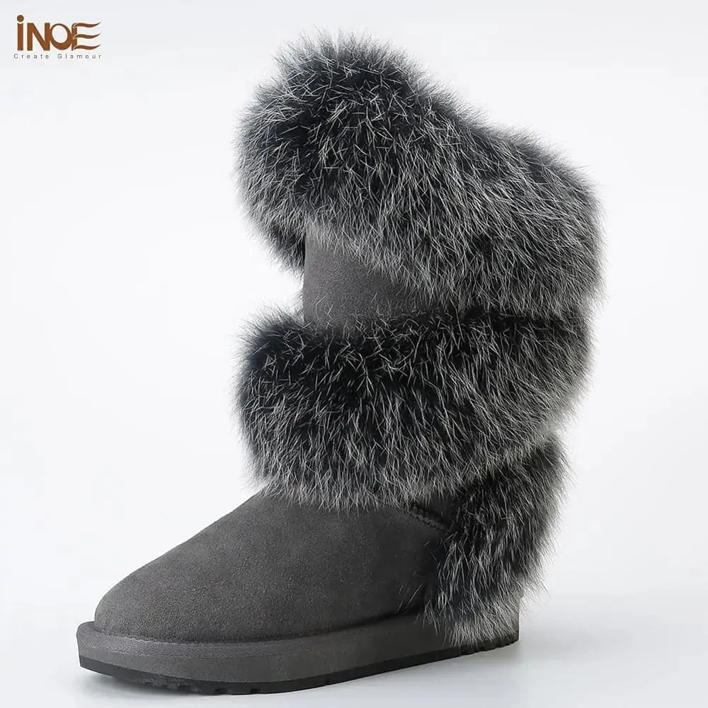 Fox Fur Sheepskin Snow Boots - Genuine Fur, Knee-High, Flat-Heeled Design