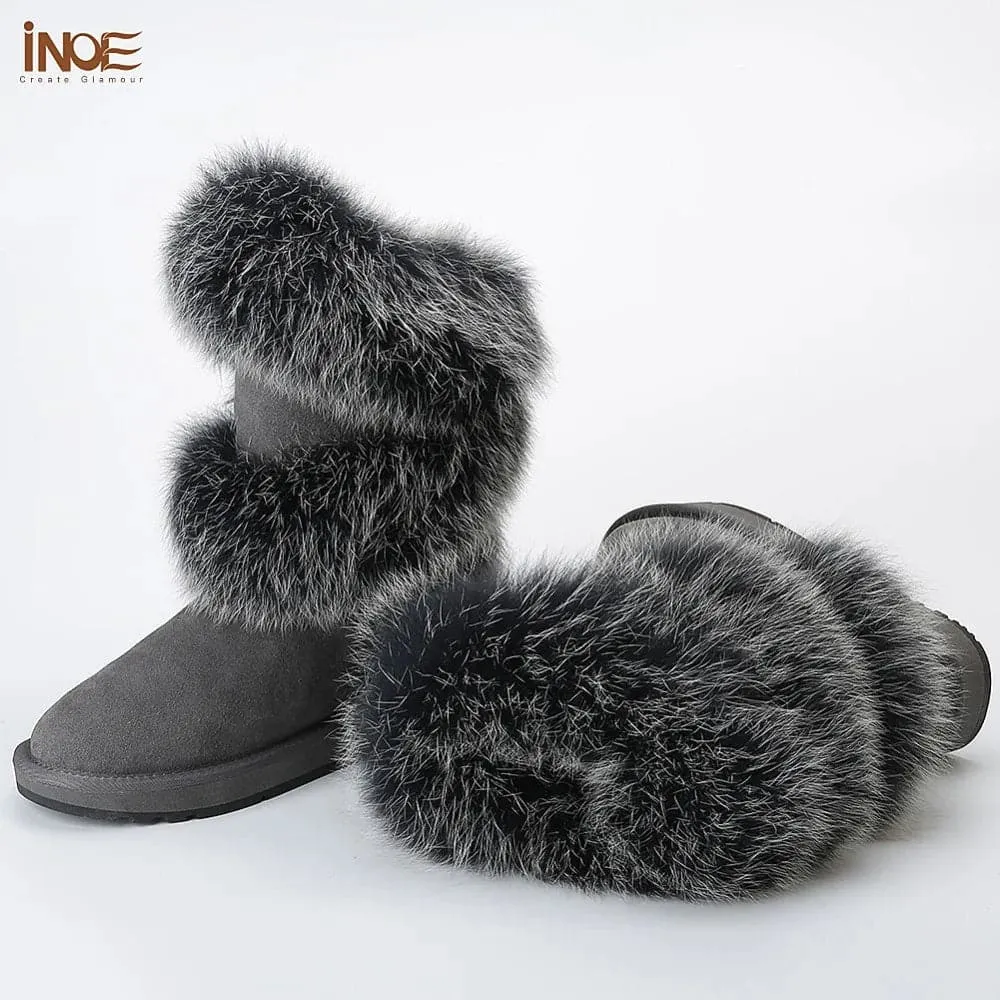 Fox Fur Sheepskin Snow Boots - Genuine Fur, Knee-High, Flat-Heeled Design