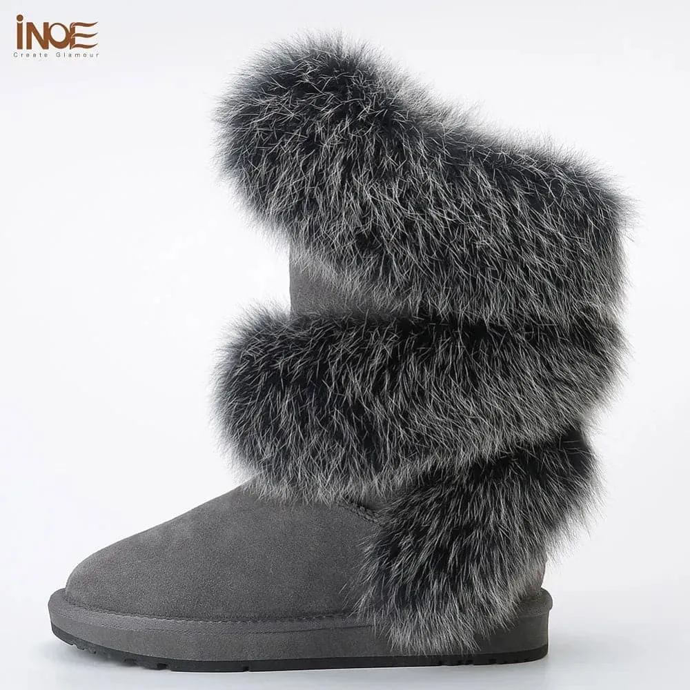 Fox Fur Sheepskin Snow Boots - Genuine Fur, Knee-High, Flat-Heeled Design