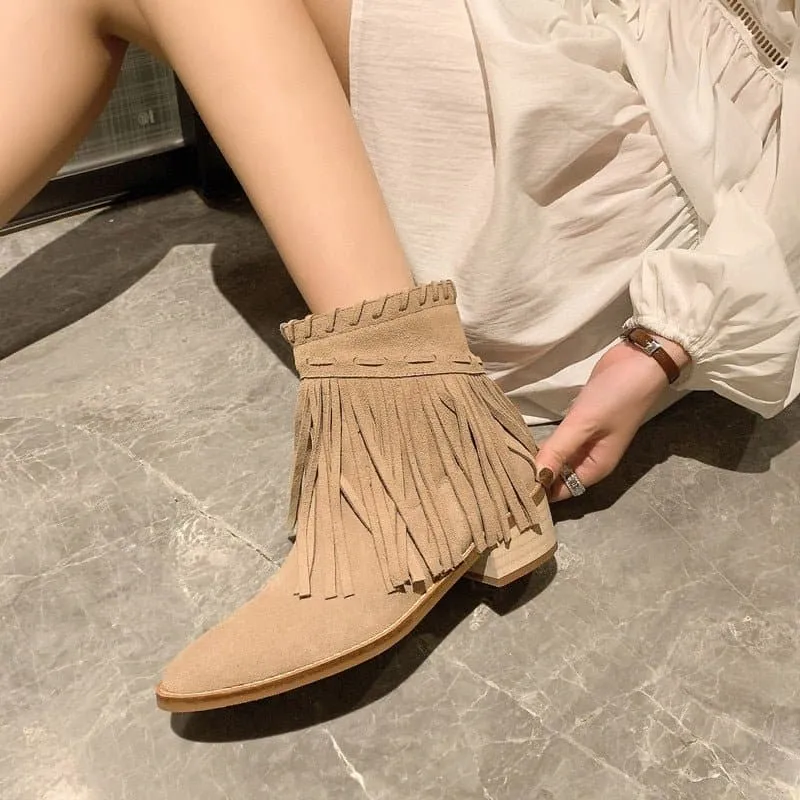 Fringe Leather Ankle Boots with Fringe Detail & Cushioned Insole