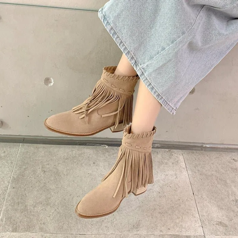 Fringe Leather Ankle Boots with Fringe Detail & Cushioned Insole