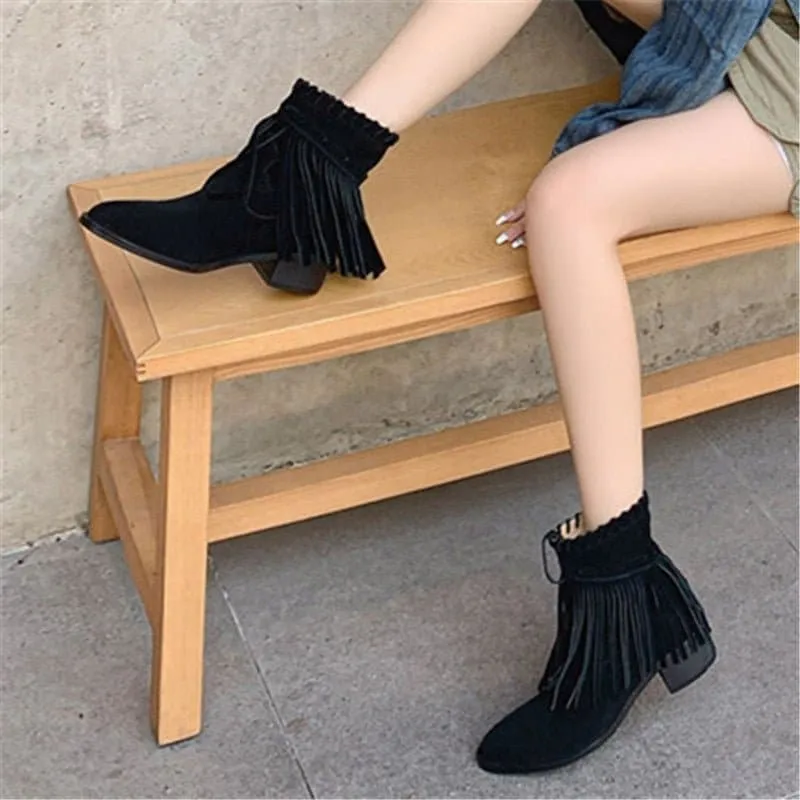 Fringe Leather Ankle Boots with Fringe Detail & Cushioned Insole