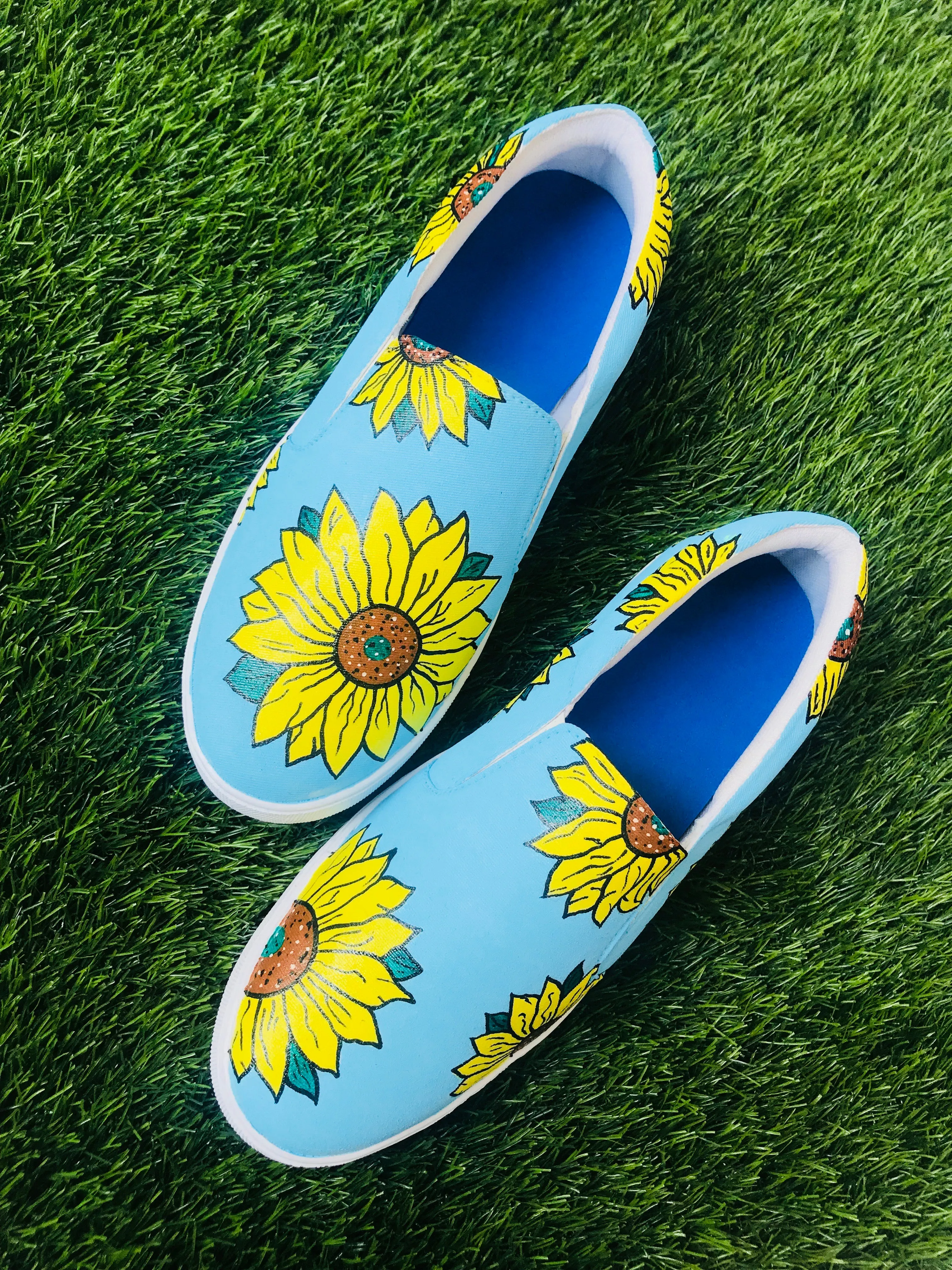 Funky N Trendy hand painted water resistant Sunflower slip on shoes/ handpainted shoes/ women shoes / funky shoes/ blue shoes / funky handpainted shoes