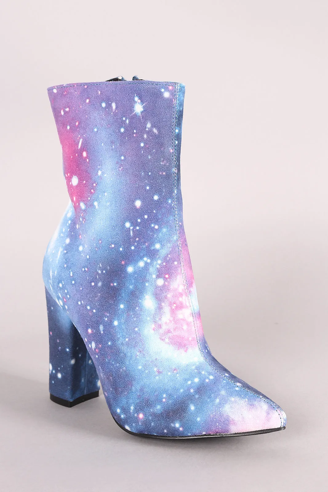 Galaxy Print Pointy Toe Chunky Heeled Ankle Boots