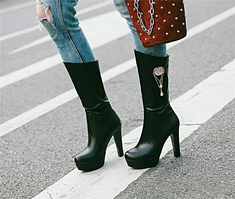 High Heels Woman Riding Boots Chains Winter