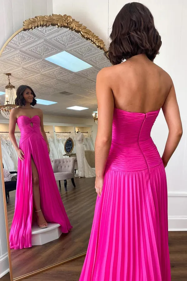 Hot Pink Strapless Keyhole Pleated A-Line Prom Formal Dress PSK481